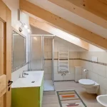 Bagno moderno con soffitto a travi in legno, doccia e sanitari in un ambiente luminoso