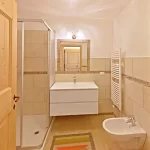 Bagno moderno con doccia, lavabo, bidet e stuoia colorata