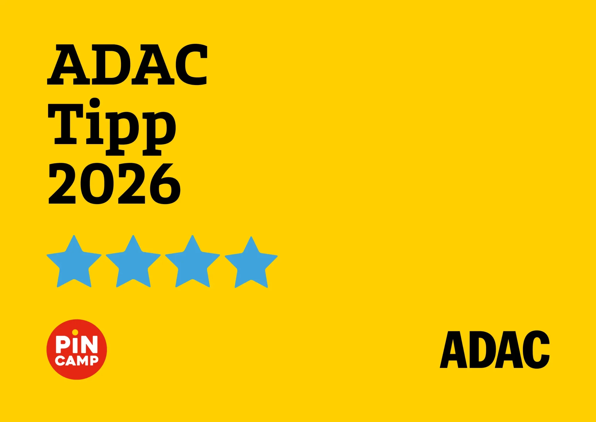 Banner giallo con il testo "ADAC Tipp 2026", quattro stelle blu e logo "PIN CAMP".