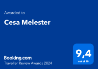 Certificato di Booking.com per Traveller Review Awards 2024, assegnato a "Cesa Melester" con punteggio 9,4 su 10.